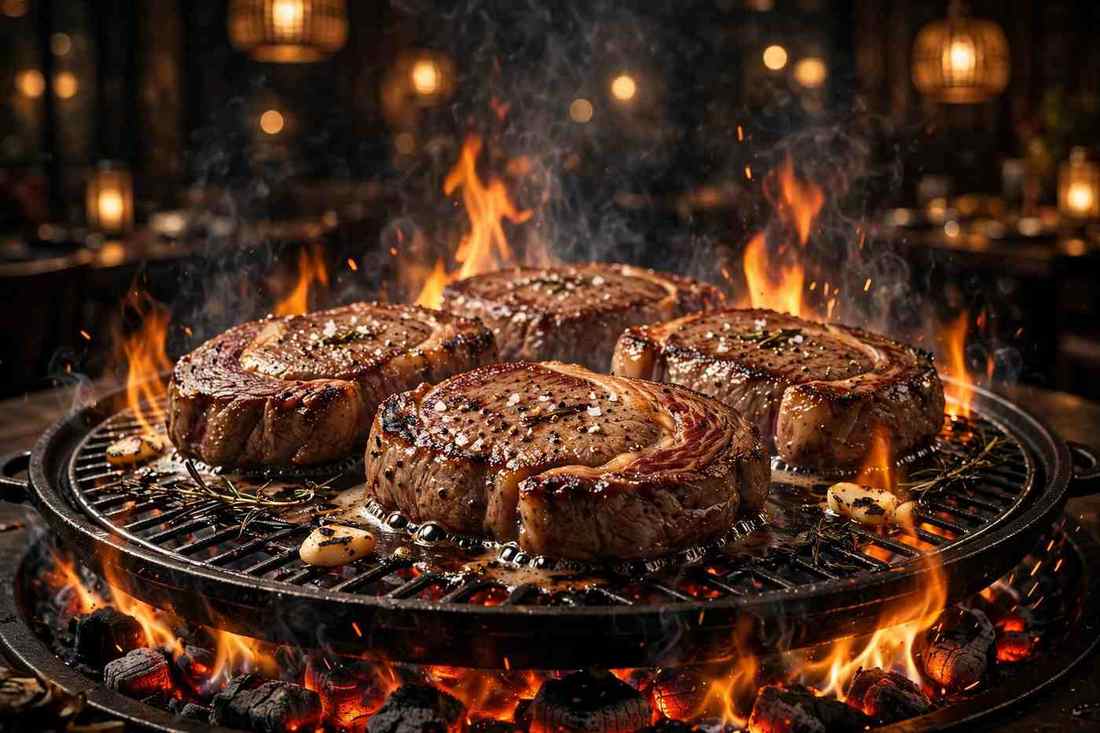 Korean barbecue feast on a tabletop grill