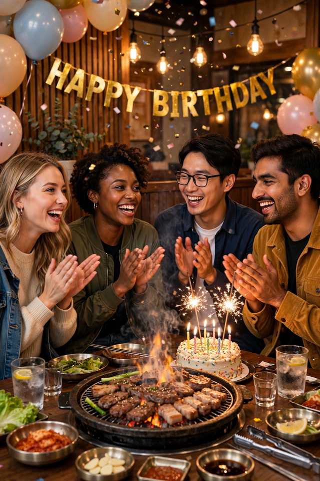 Friends celebrating a birthday over Korean barbecue and hot pot