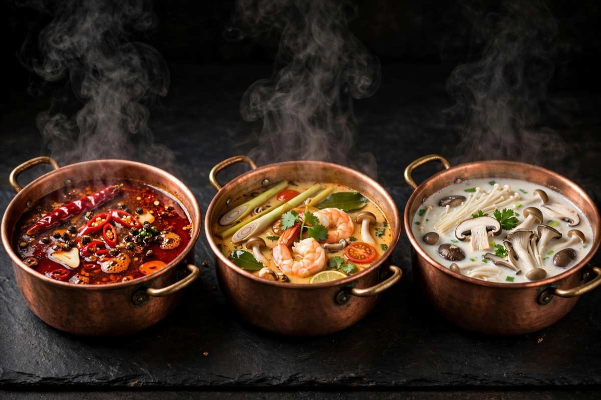 Three signature hot pot broths, from spicy to savory