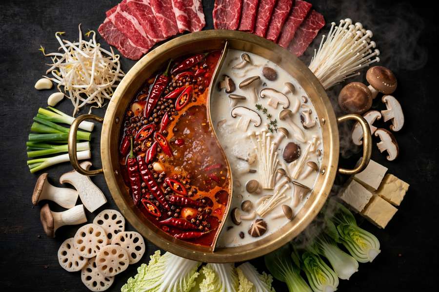 Steaming hot pot surrounded by fresh ingredients