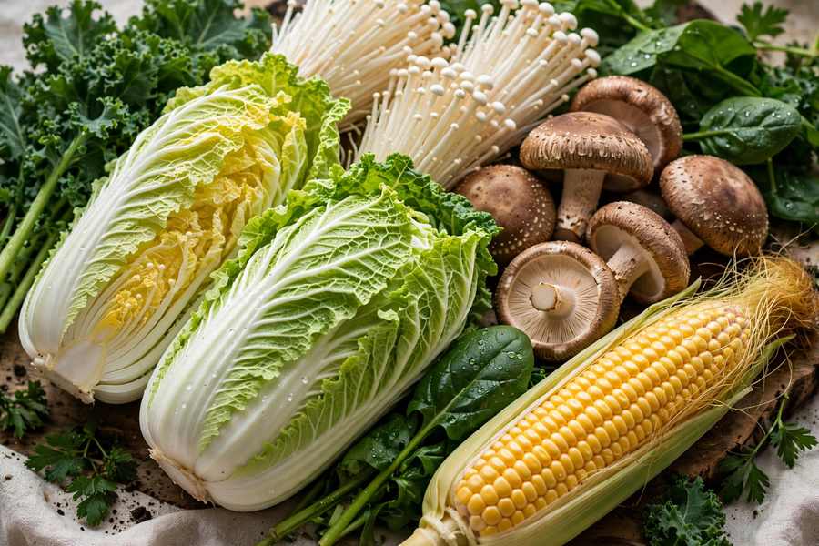 Fresh vegetables and mushrooms for hot pot